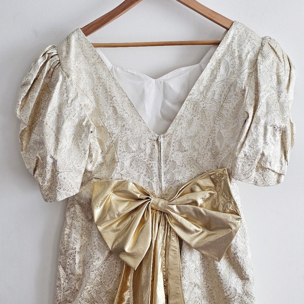 Vintage 80s Handmade Gold Brocade Cocktail Dress Puff Sleeve Statement Bow Back - Picture 10 of 16